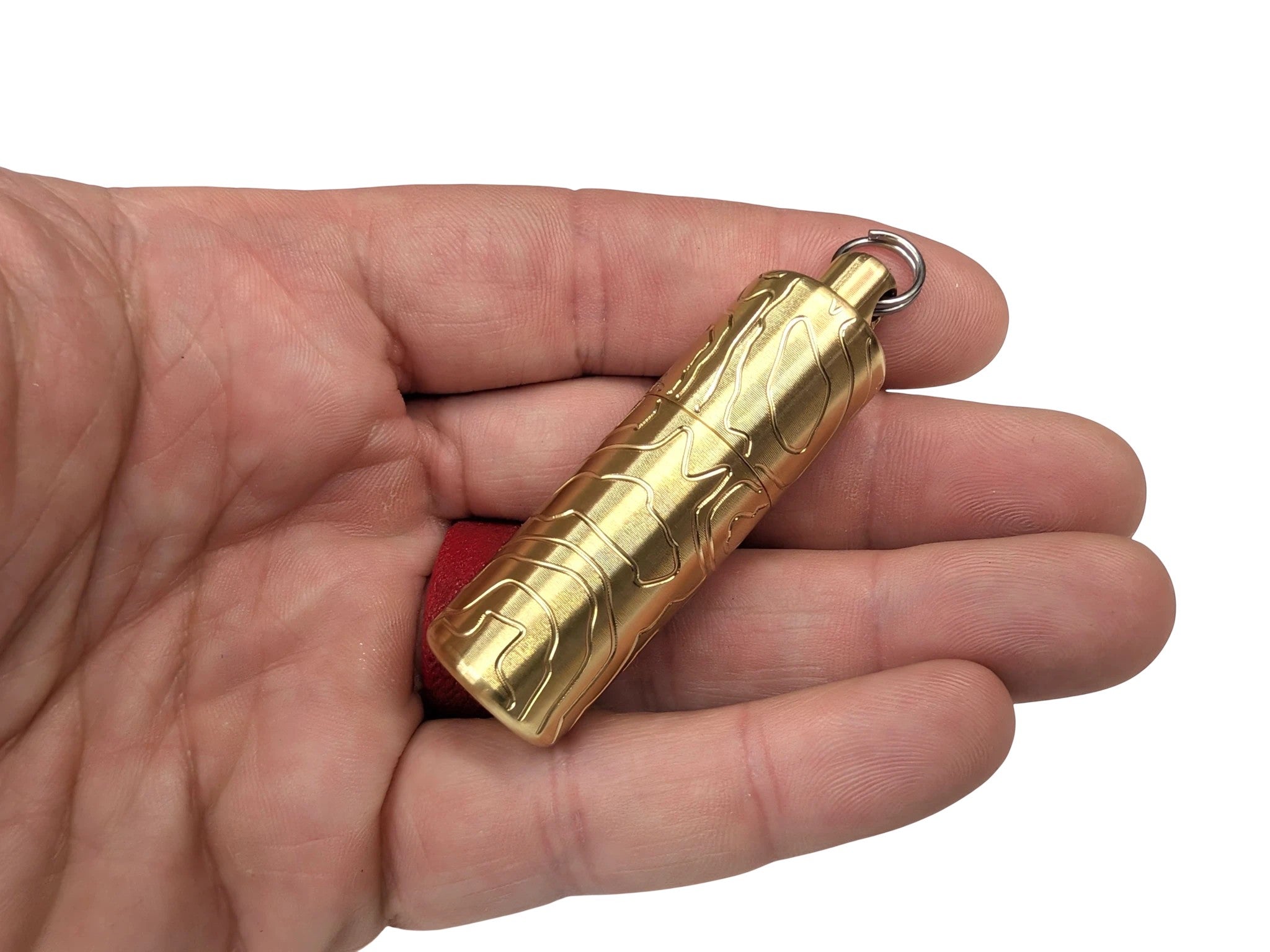 CountyComm Brass XL Peanut Lighter with TOPO engraving. Features a flat end for emergency candle use and a removable insert for pill storage.