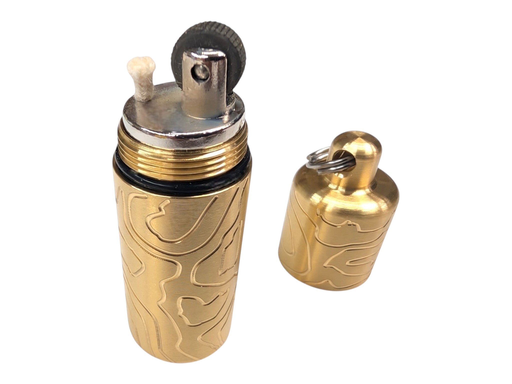 CountyComm Brass XL Peanut Lighter with TOPO engraving. Features a large spark wheel and a flat end for emergency candle use.