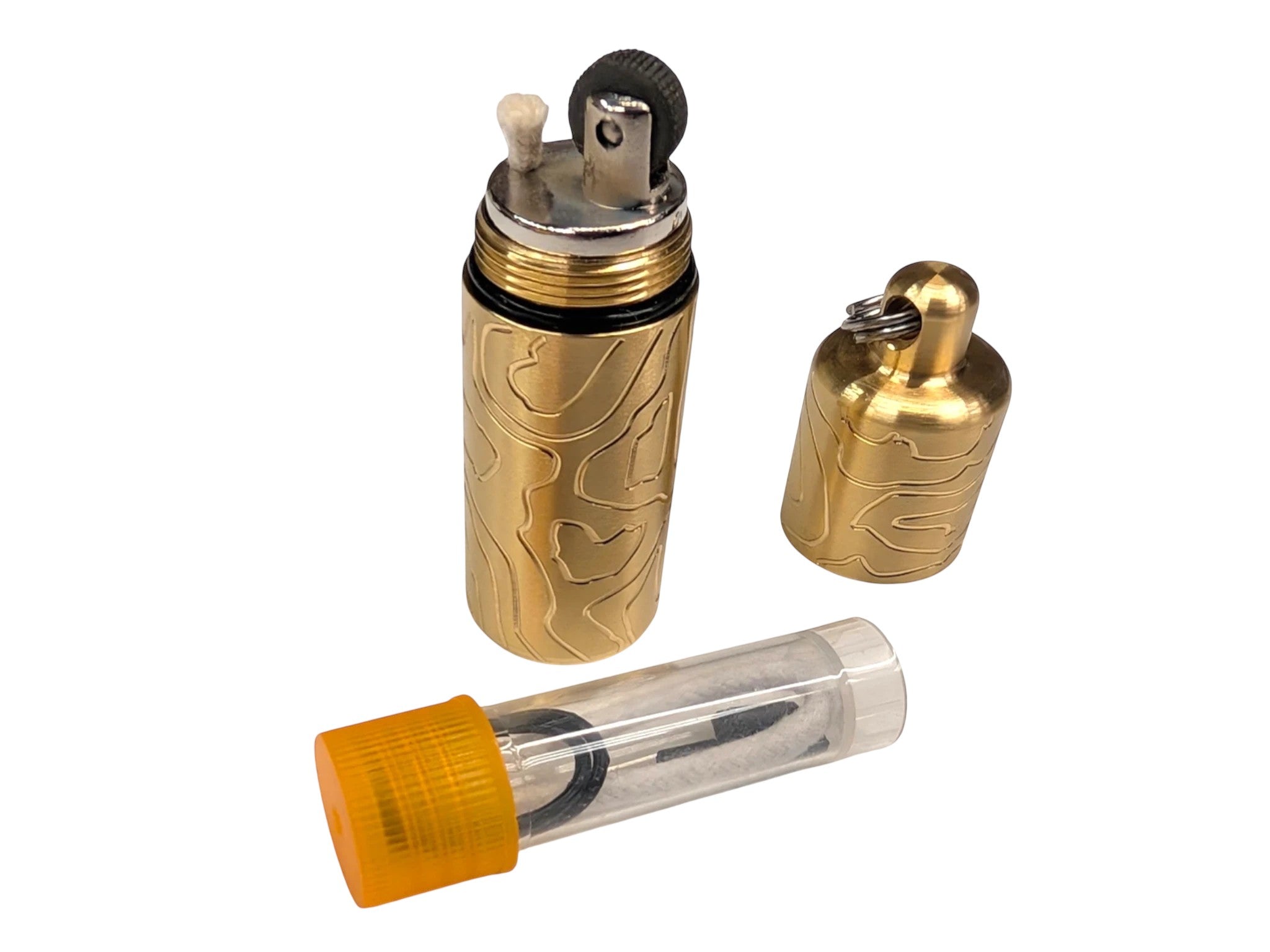 CountyComm Brass XL Peanut Lighter with TOPO engraving, includes spare parts kit and titanium split ring.