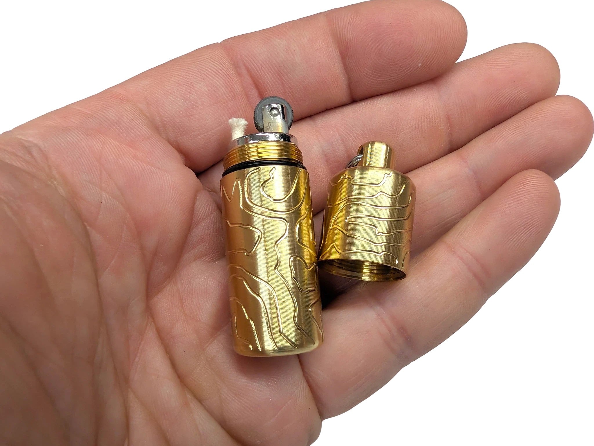 CountyComm Brass XL Peanut Lighter with TOPO engraving. Features a large spark wheel and can hold 3x more fuel.