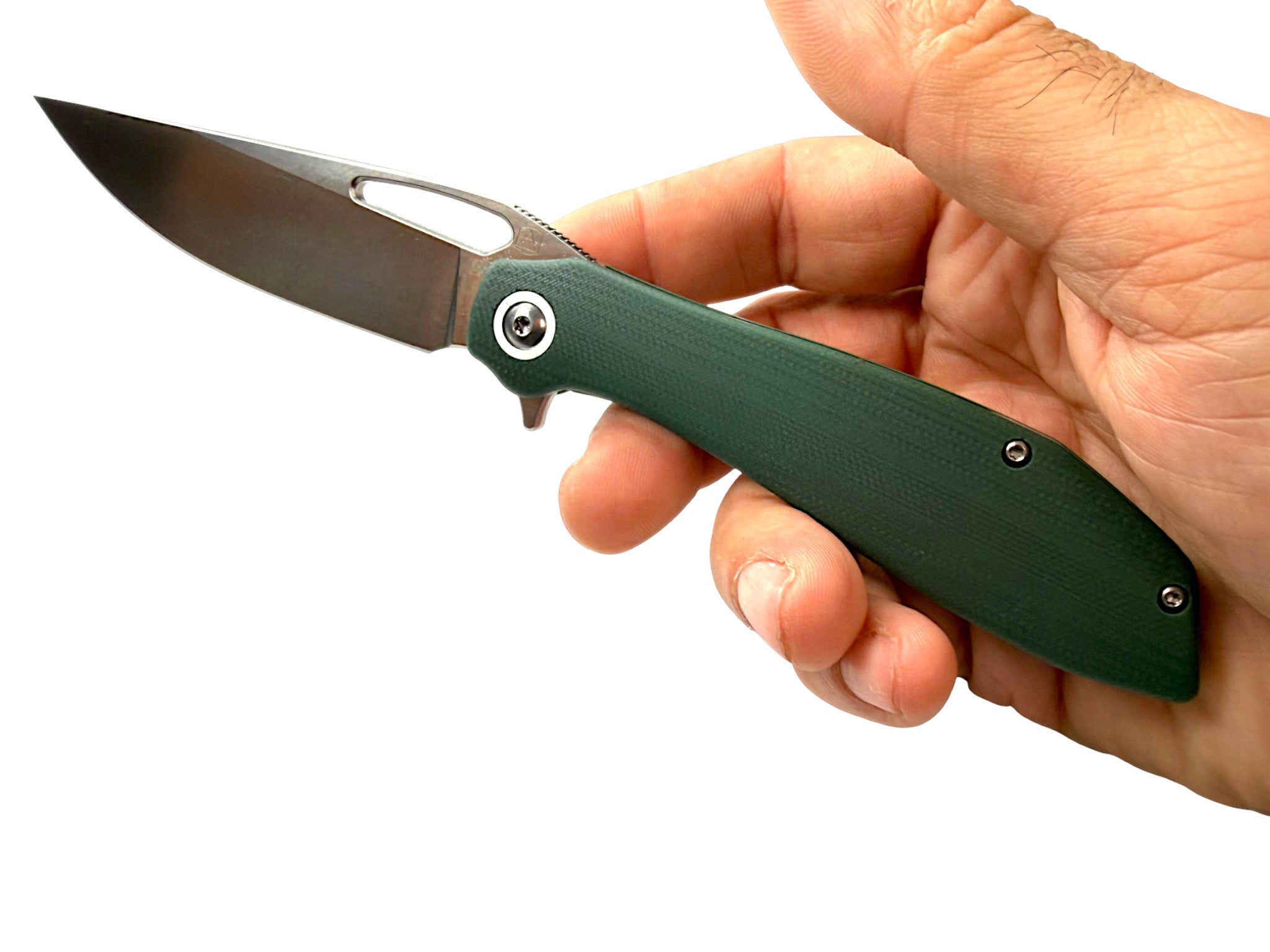 CountyComm BXTR folding knife with a green G10 handle and semi-polished 8Cr13MoV steel blade held in a hand.