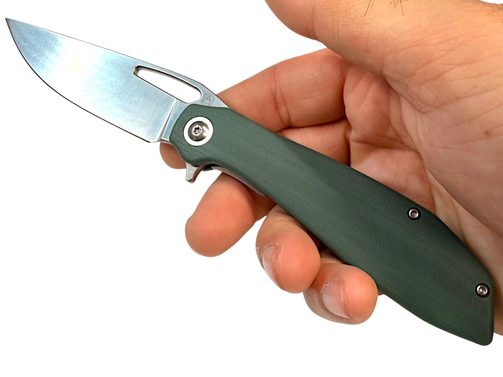 CountyComm BXTR folding knife with a semi-polished 8Cr13MoV steel blade and green G10 handle, held in hand.