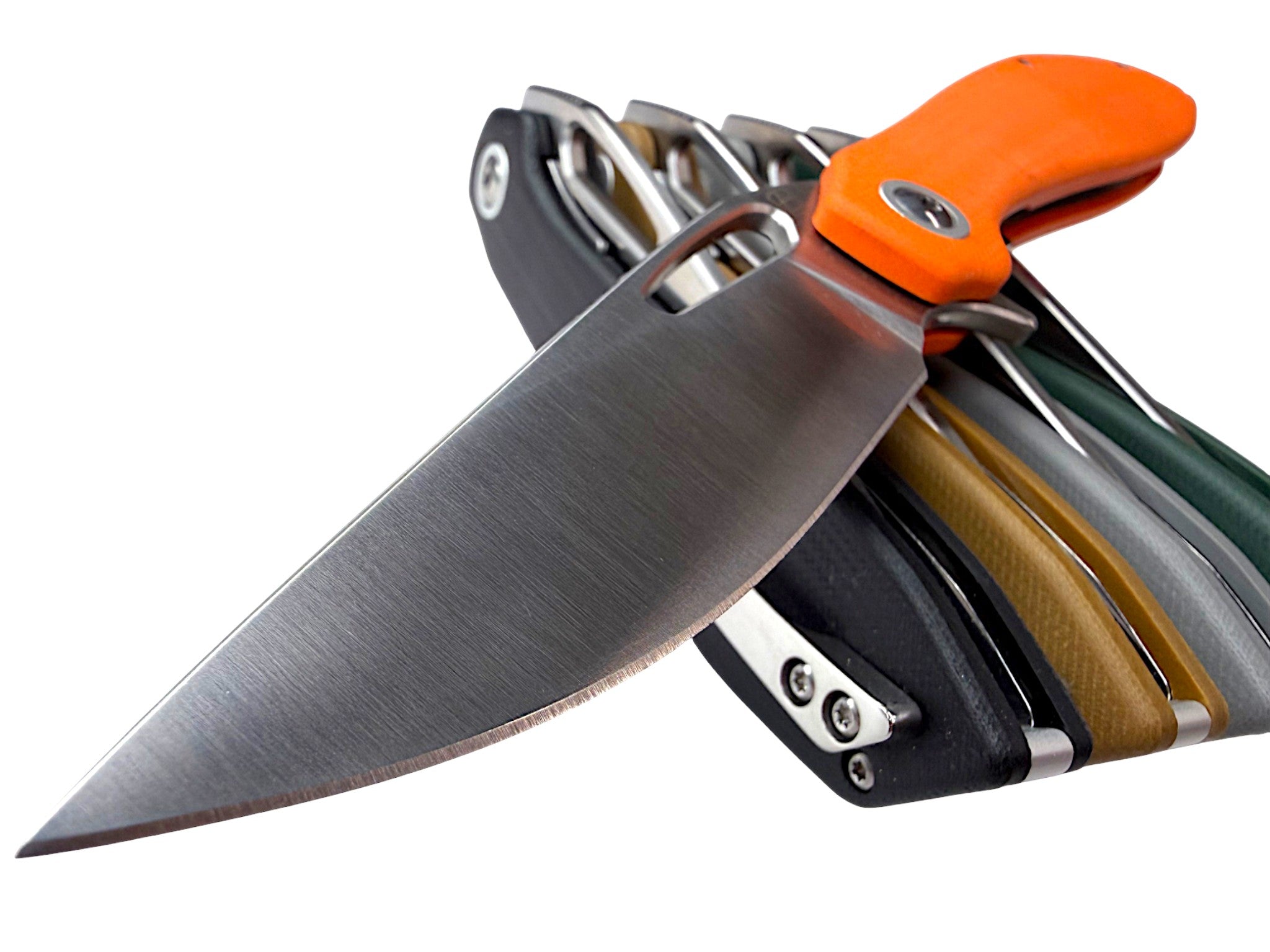 CountyComm BXTR folding knife with semi-polished 8Cr13MoV steel blade and G10 handle in orange, black, tan, grey, and green.
