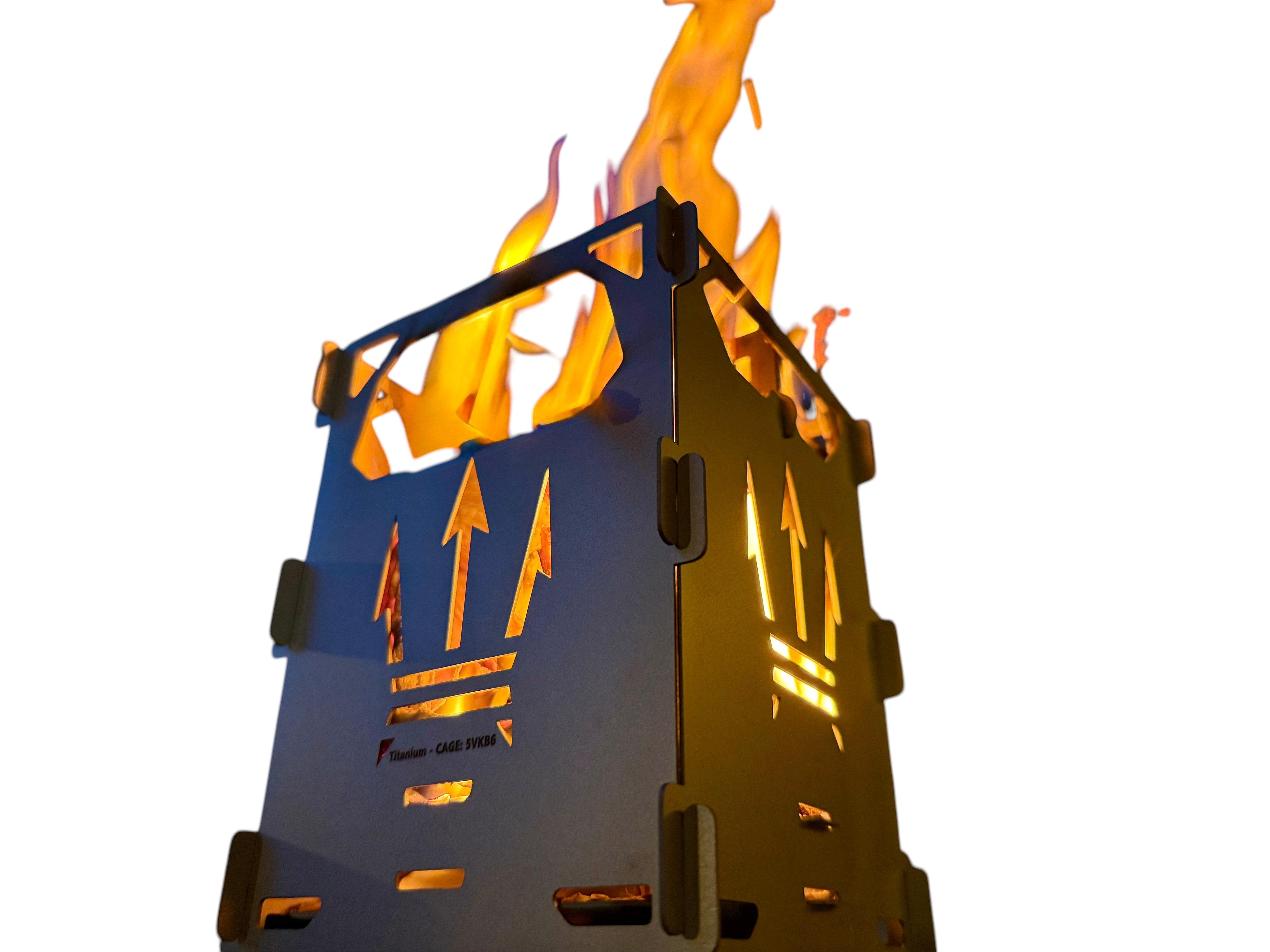 CountyComm Maratac titanium pocket stove with flames and smoke, featuring trident cutouts. Ideal for camping and survival.