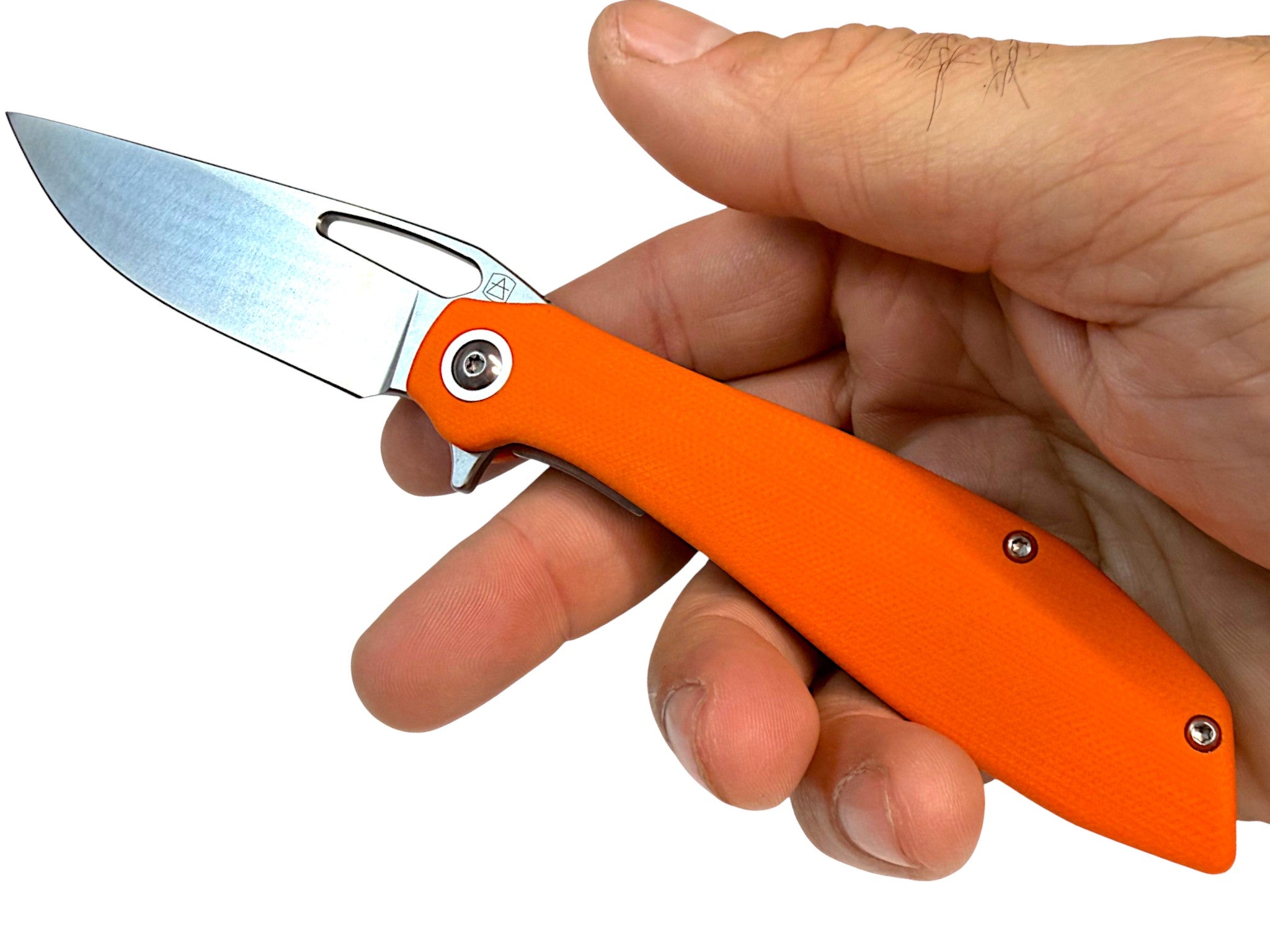 CountyComm orange G10 handle folding knife with a semi-polished 8Cr13MoV steel blade.