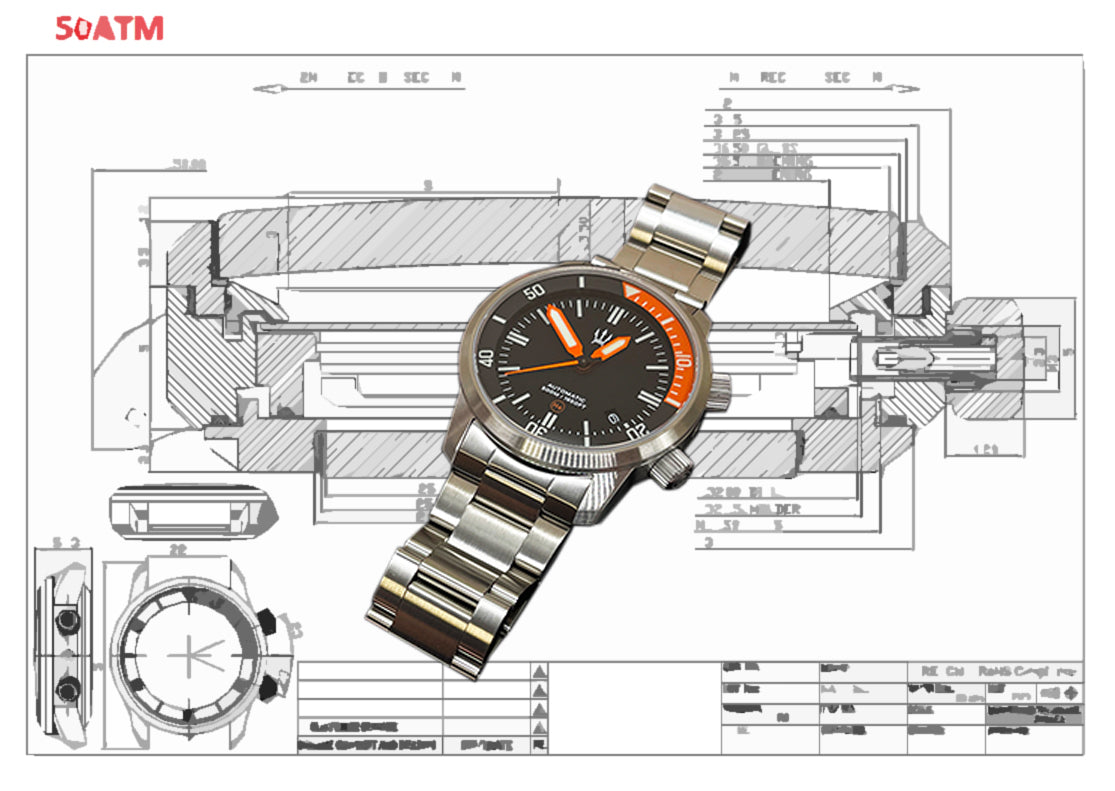 Stainless Steel DC-50 Dual Crown 50ATM Diver Automatic Watch With Date + Bracelet by Maratac®